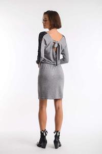 Gray and Black Pleated Dress with Lace and Neckline on the Back