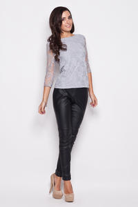 Gray Bateau Neckline Floral Lace Blouse with 3/4 Sleeves