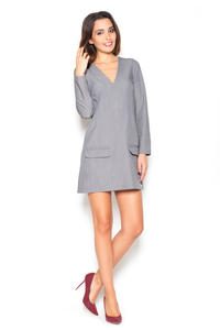 Grey Flared 3/4 Sleeves V-Neckline Mini Dress
