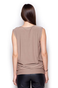 Beige Sleeveless Drape Blouse with Front Strap