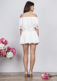 White Romantic Off Shoulders Dress with Lace&Frill