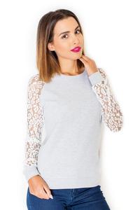 Ecru&Grey Long Lace Sleeves Cut Out Back Blouse