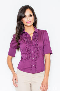 Eggplant Color Vintage Collared Blouse with Ruffled Details and Wide Cuffs