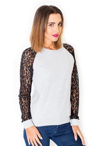 Black&Grey Long Lace Sleeves Cut Out Back Blouse