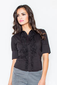 Black Vintage Collared Blouse with Ruffled Details and Wide Cuffs