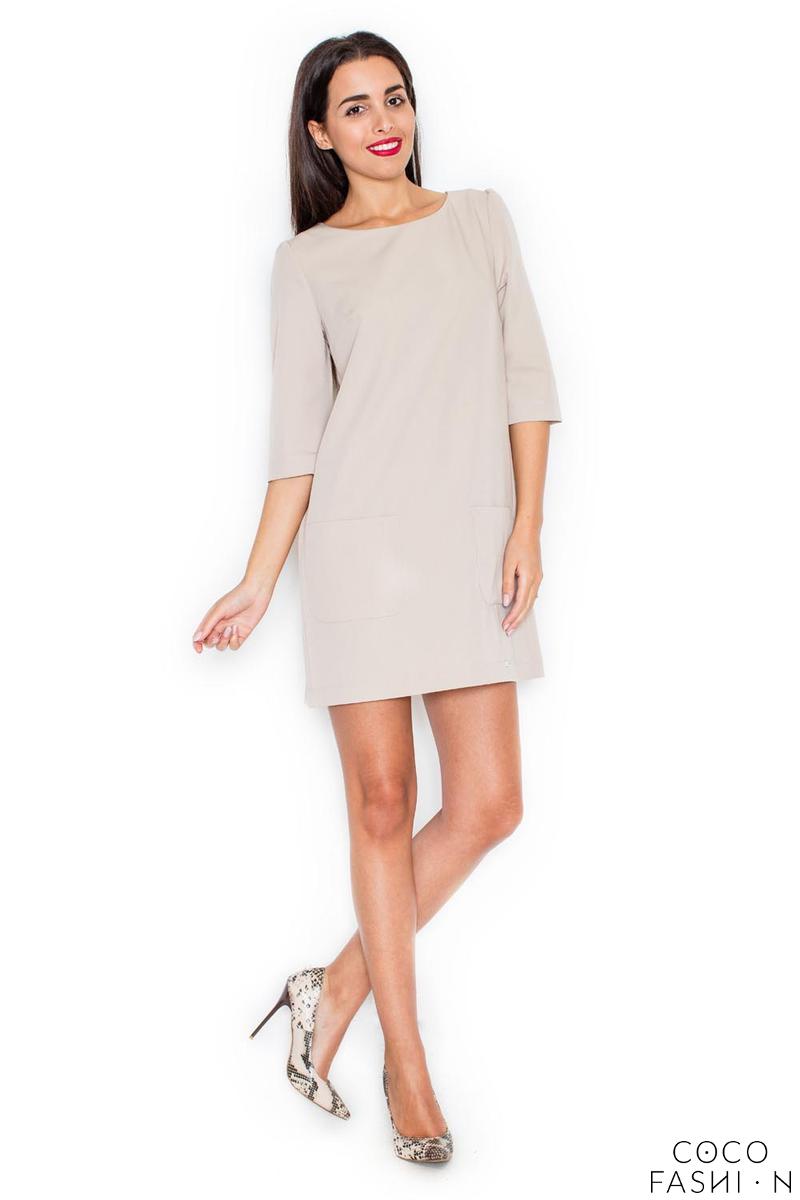 Beige A-Line 3/4 SLeeves Mini Dress with Pockets