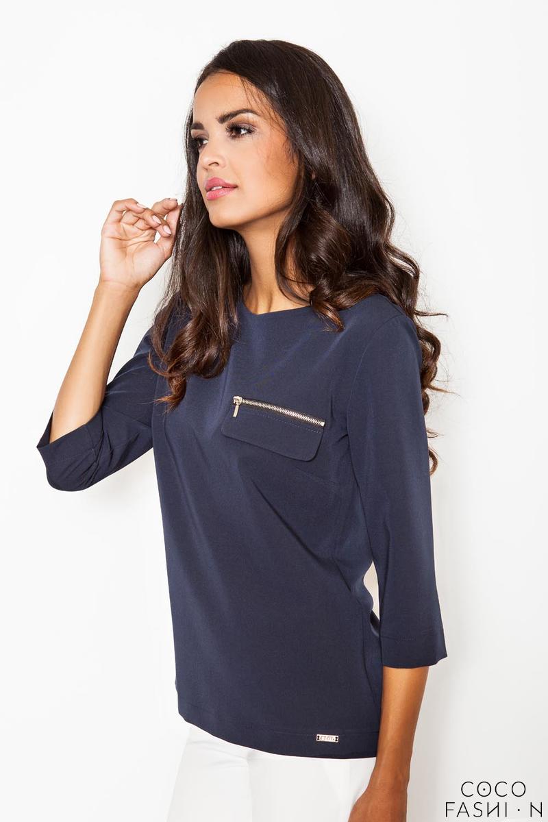 Dark Blue 3/4 Sleeves Blouse with Zippers