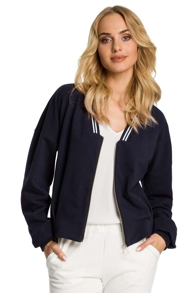 Navy Blue Bomber Jacket Fastened with Silver Zipper