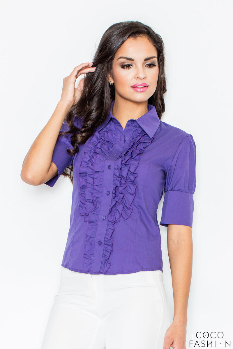 Dark Purple Vintage Collared Blouse with Ruffled Details and Wide Cuffs