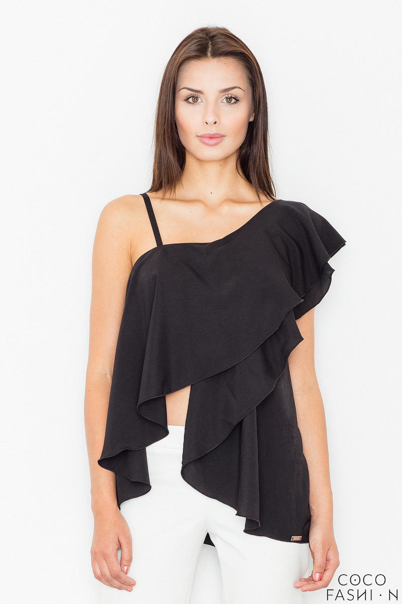 Black Asymetrical One Shoulders Strap Dress with a Frill