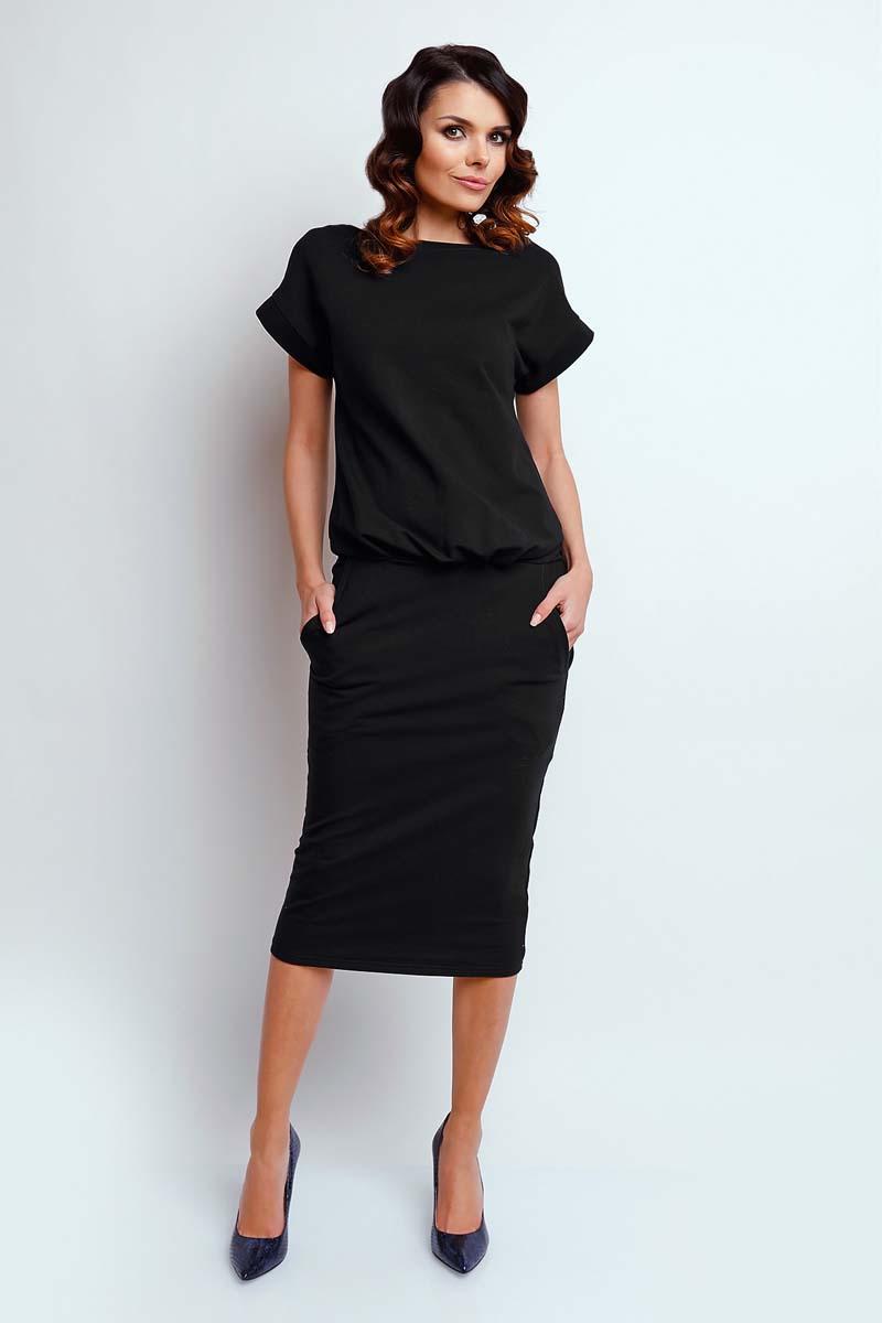 Black Modern Midi Dress with Short Sleeve
