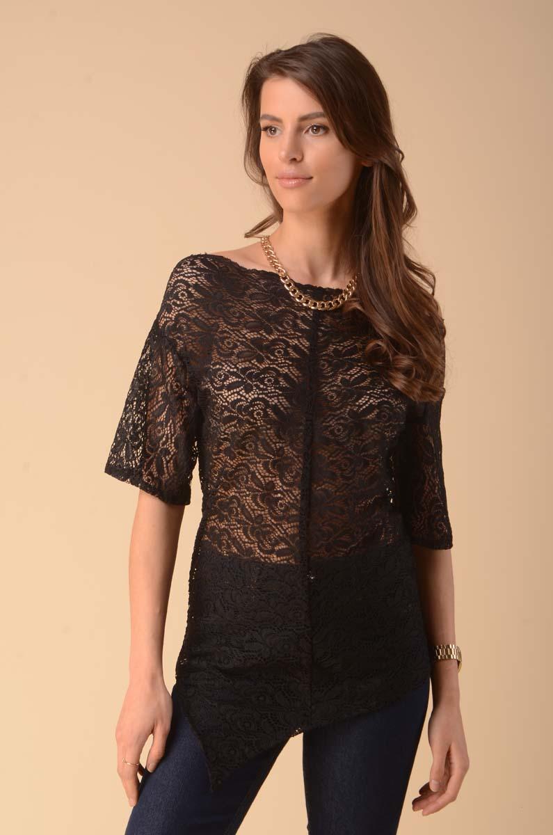 Black Asymmetrical Lace Blouse with Sleeves to the Elbow