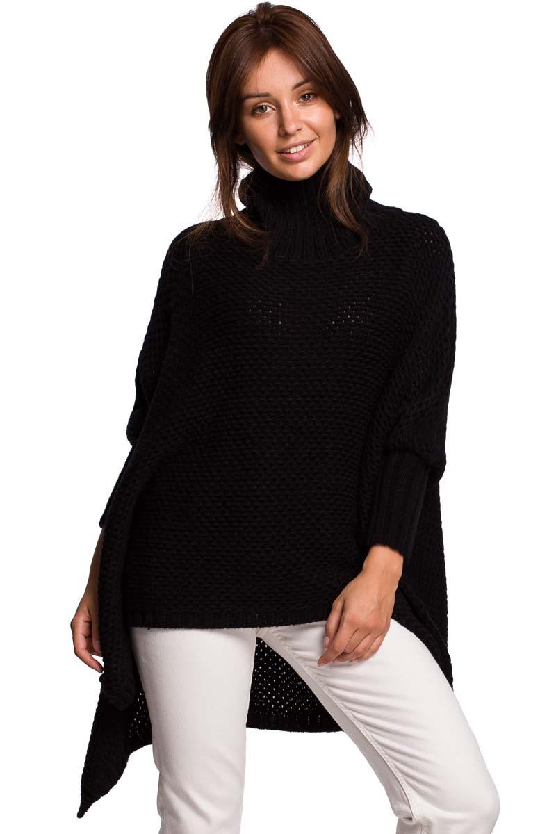 Black Asymmetric Turtleneck Poncho-Sweater