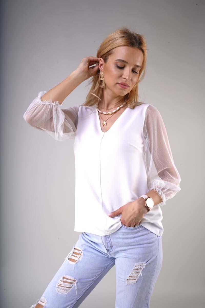 V-neck blouse with transparent 3/4 sleeves - Ecru