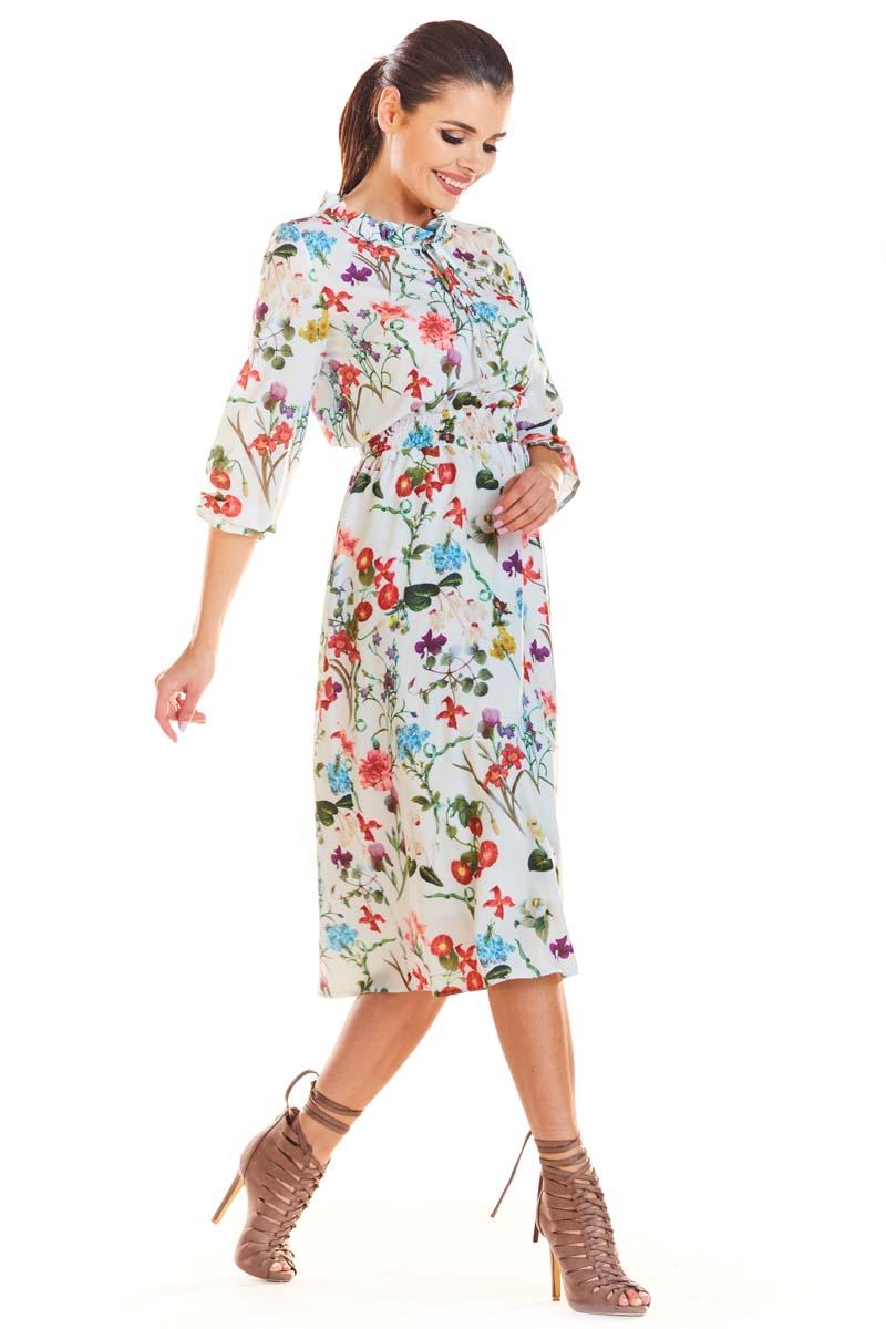 Ecru Romantic Midi Dress with a Floral ...