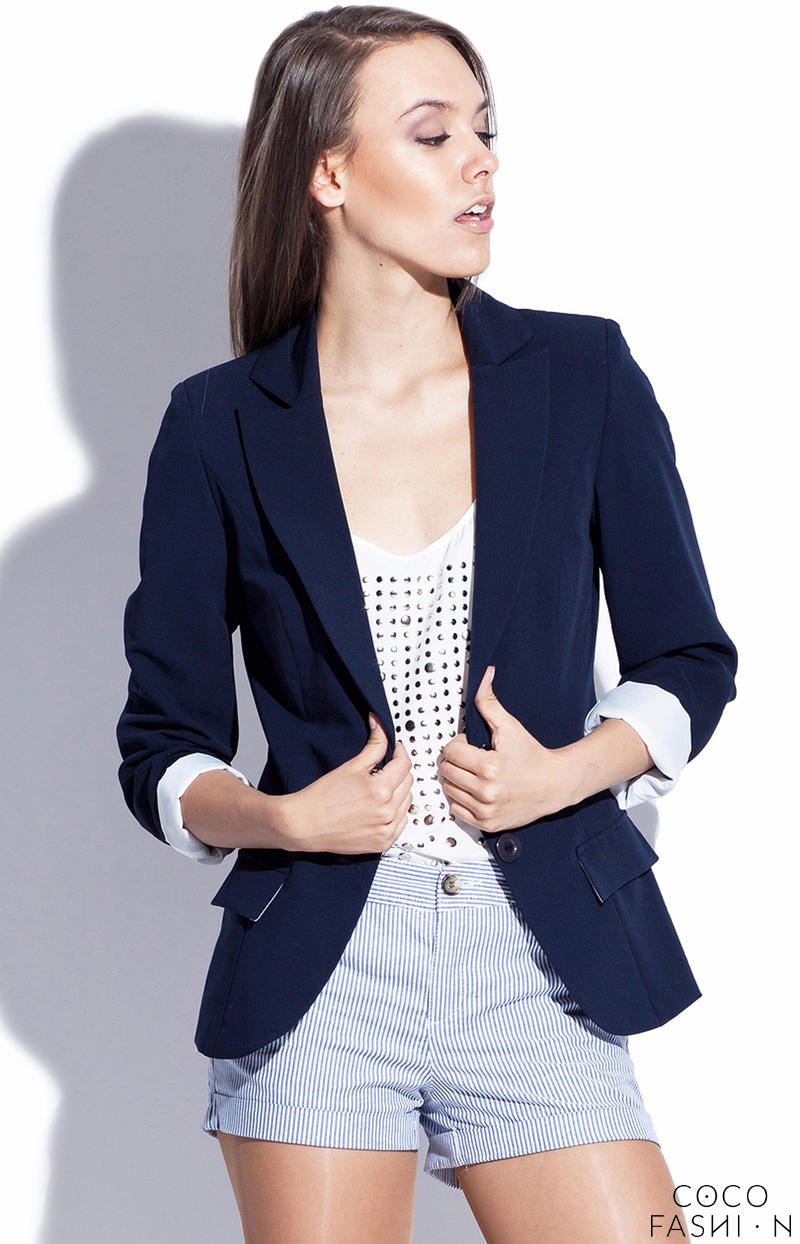Blue Petite Collar Coat with Side Flap Pockets