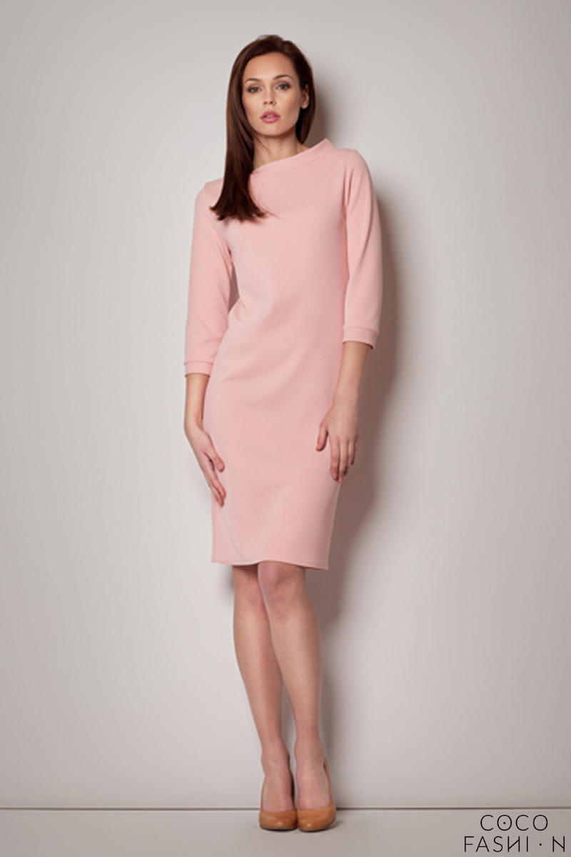 Light Pink High Neck Textured Shift Dress with 3/4 Sleeves