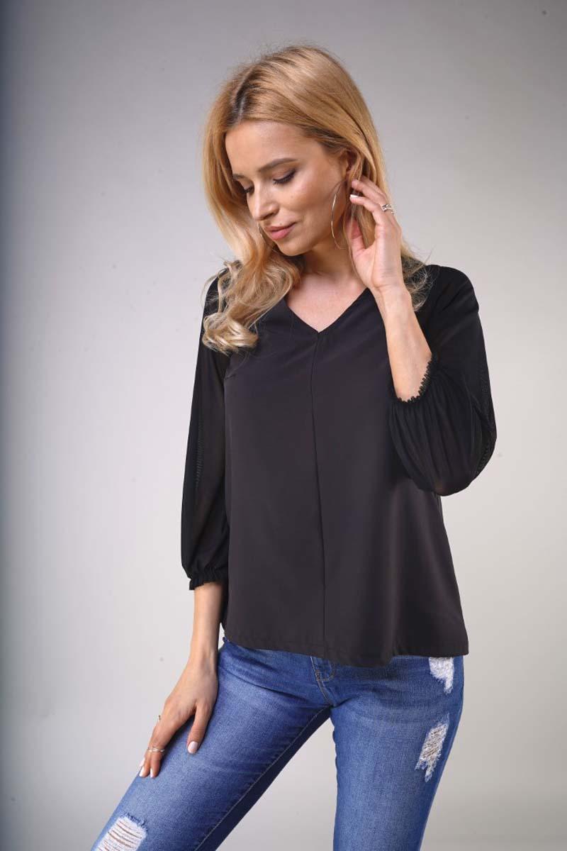 Black V-neck blouse with transparent 3/4 sleeves