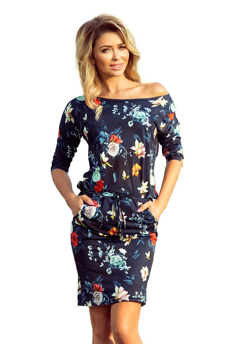 Navy Blue Dress Drawn in Colorful Flowers