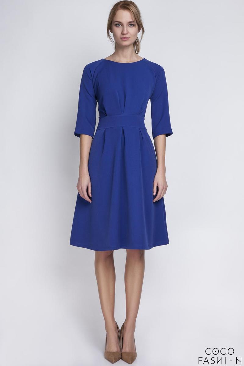 Blue Slim Waist 3/4 Sleeves Smart Dress