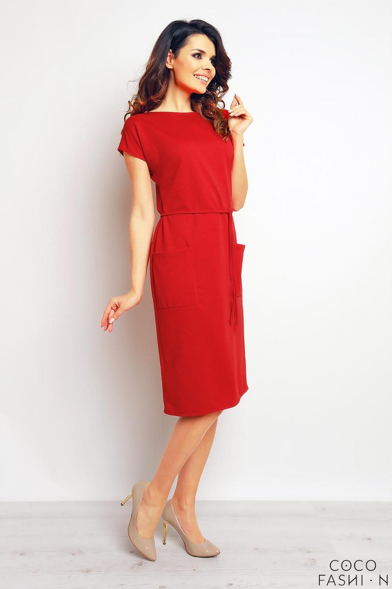 Red Casual Midi Dress with Big Pockets