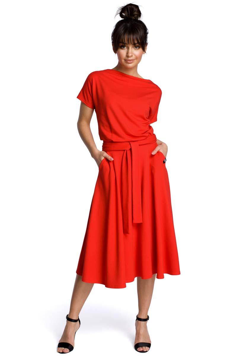 Red Midi Flared Dress Tied at the Waist