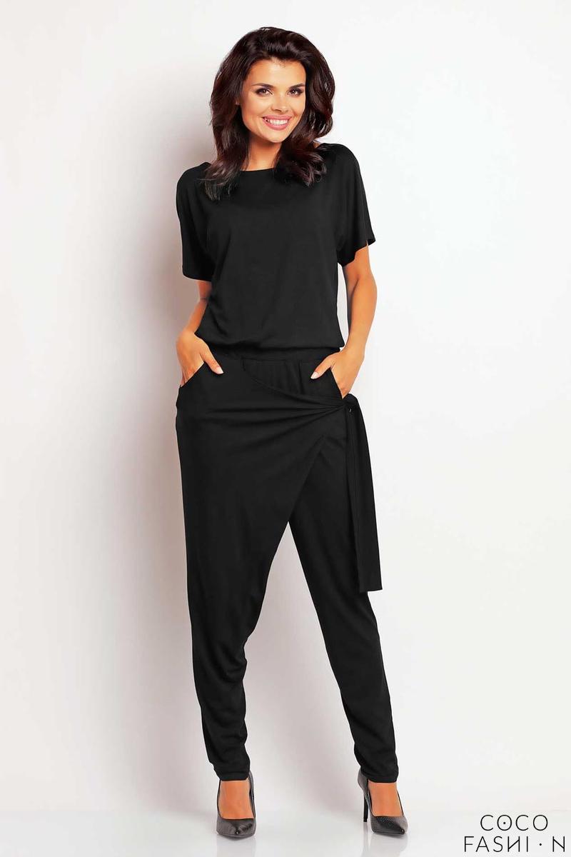 Black Stylish Self Tie Belt Baggy Pants Jumpsuit