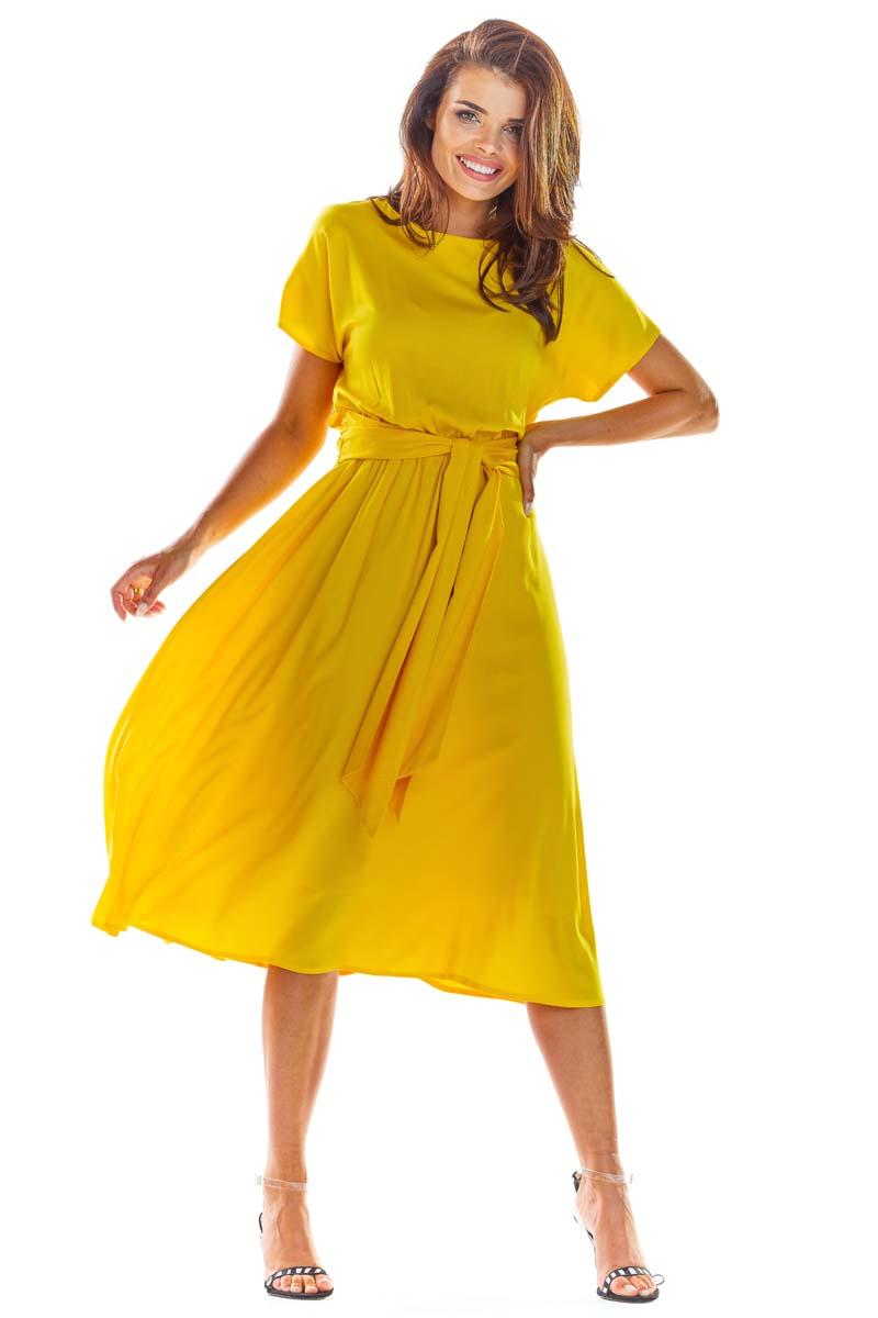 Yellow Flared Midi Dress with Short Kimono Sleeve