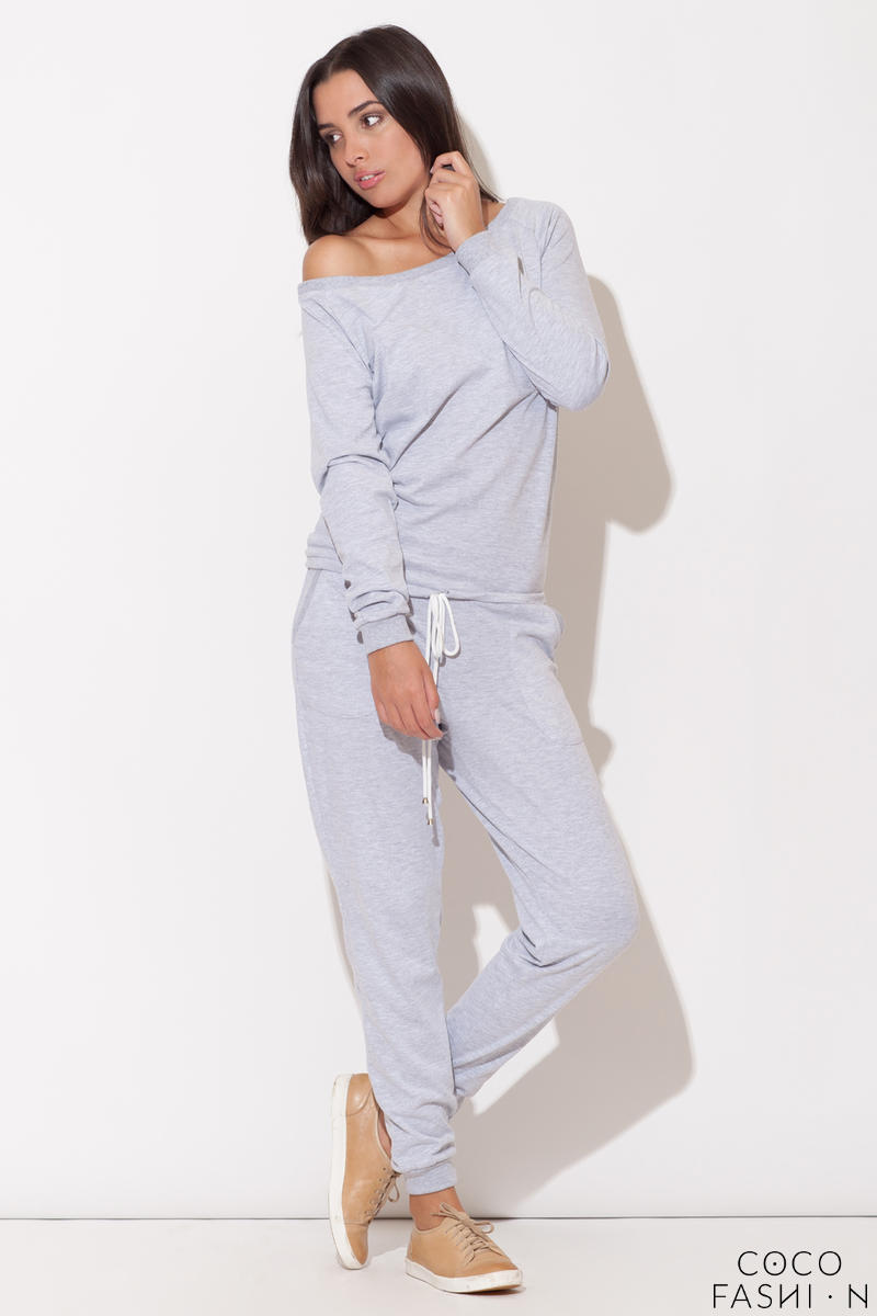 Off the Shoulder Grey Jumpsuit with Pull String Waist