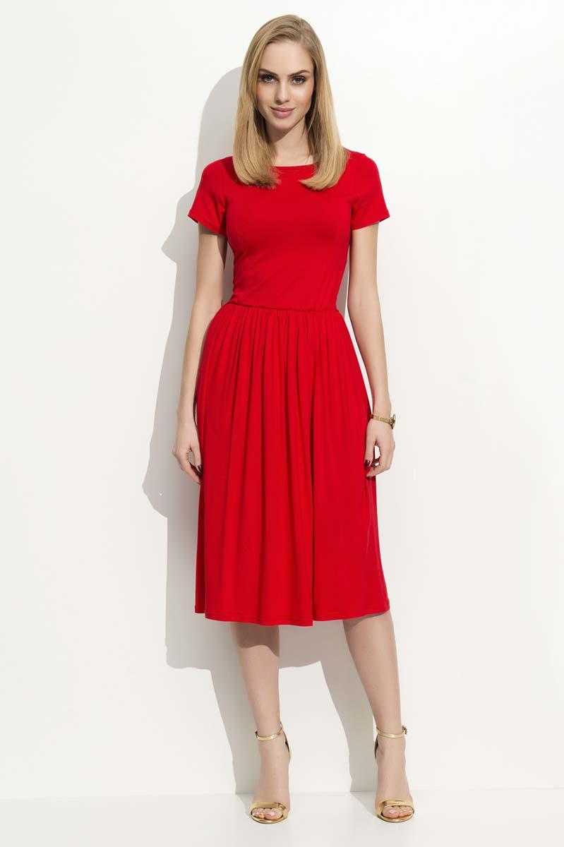 Red Short Sleeves Casual Midi Dress