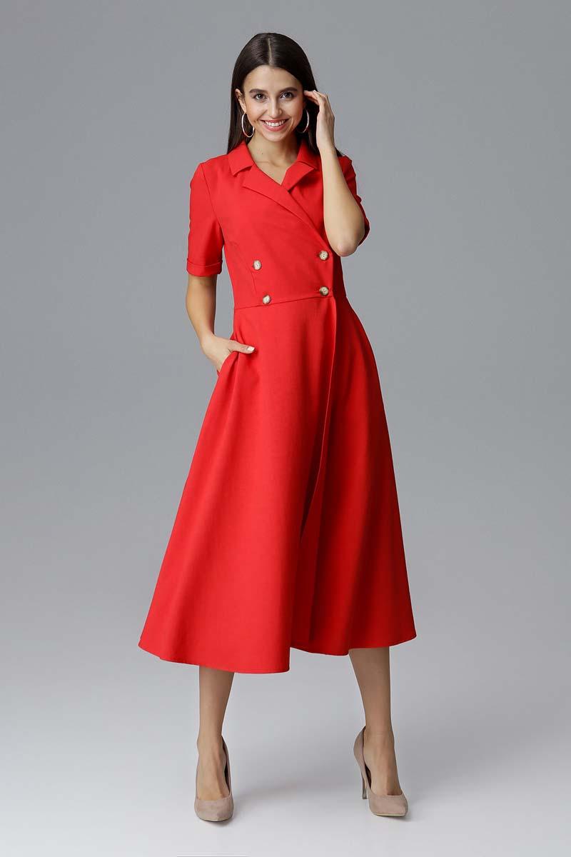 Midi Red Dress With Collar