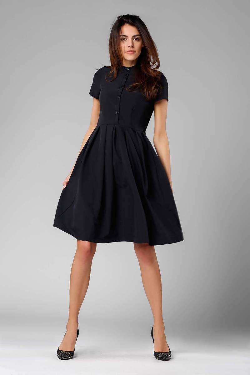 Black Flared short-sleeved Dress with Stand-up Collar