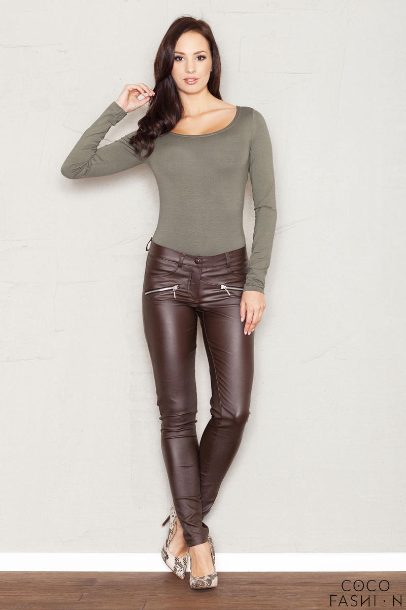 Brown Faux Leather Stretch Skinny Pants with Slant Zipper Pockets