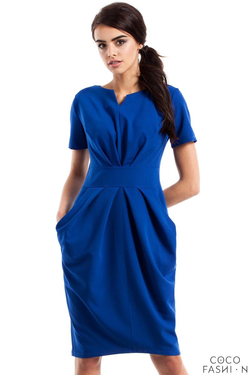 Blue Wrinkled Slim Waist Knee Length Dress