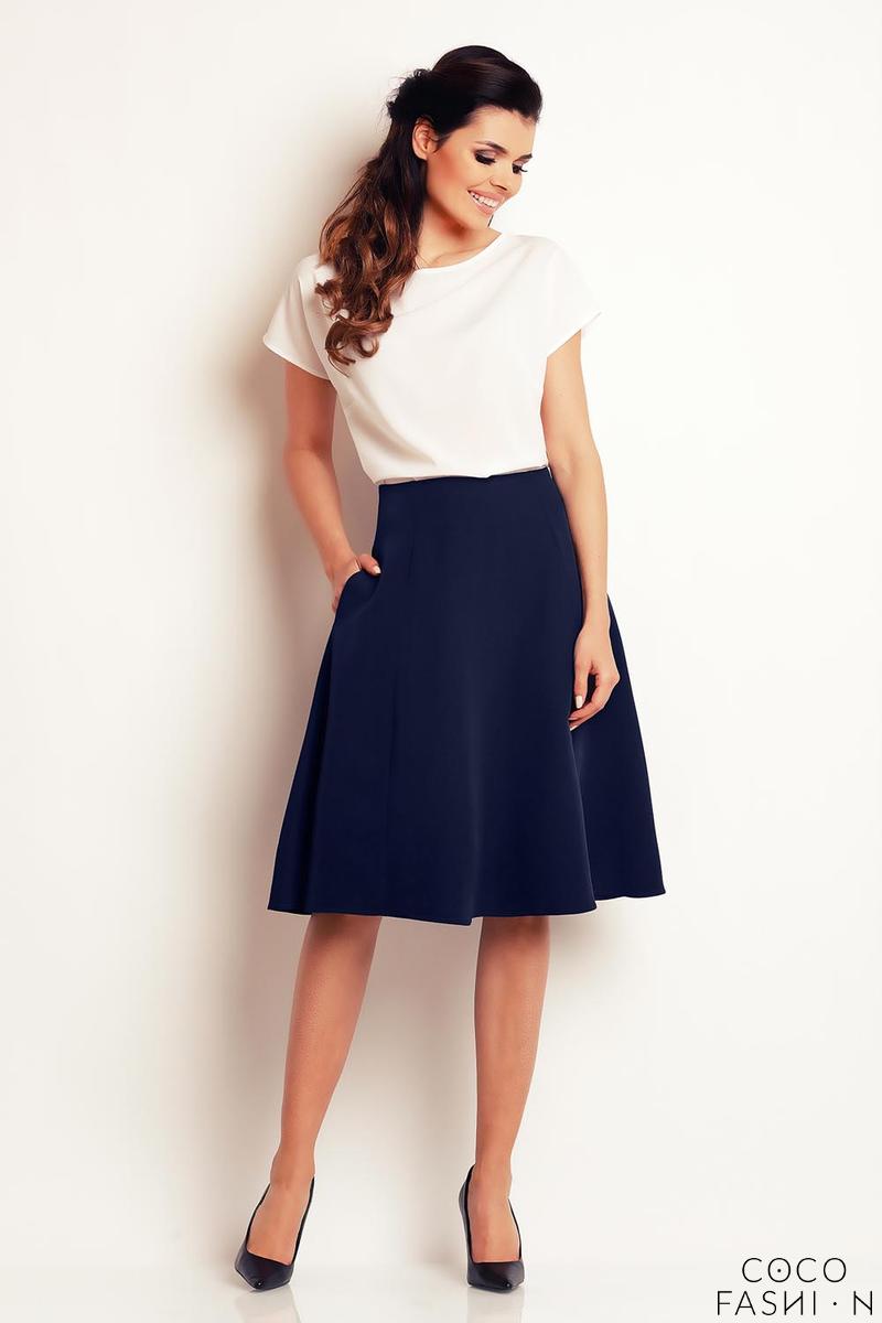  Dark  Blue  Side Pockets Flared Midi Skirt 