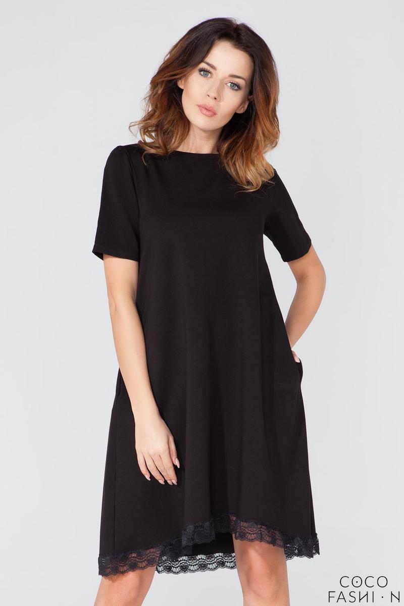 Black Flared Short Sleeves Dress with Lace Edging 