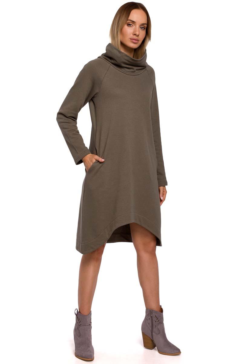 Knitted Asymmetrical Midi Dress (Khaki)