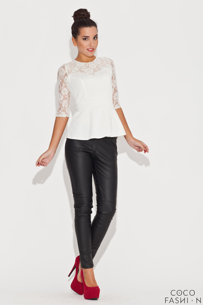 Lace Top Frill Waist Ecru Top with Elbow Sleeves