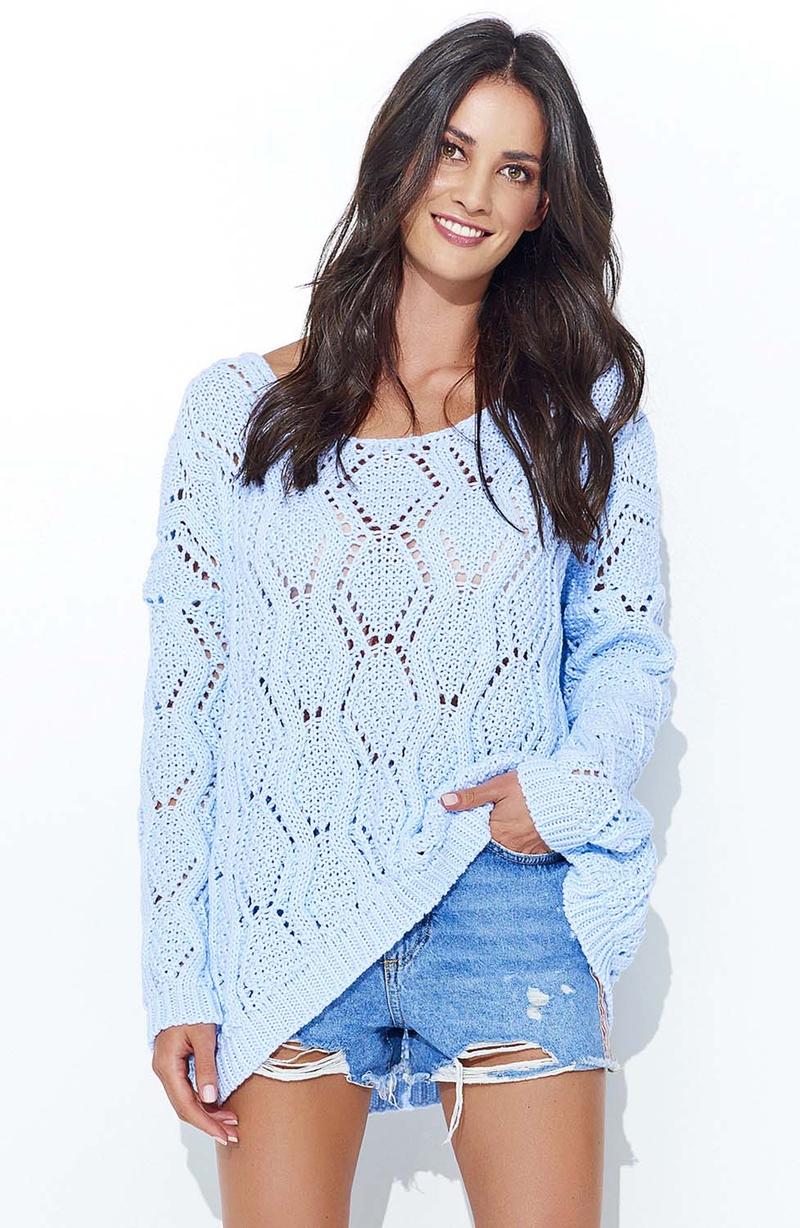 Blue Loose Sweater with a Wide Neckline