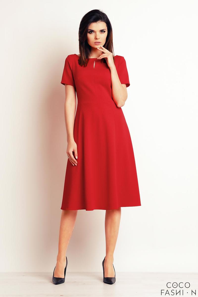 Red Short Sleeves Flared Midi Dress