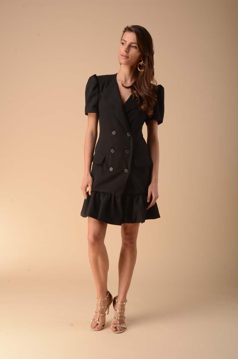 Black Dress with a Frill Fastened with Buttons
