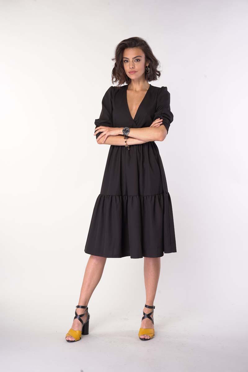 Black Dress with a Frill with an Envelope Neckline