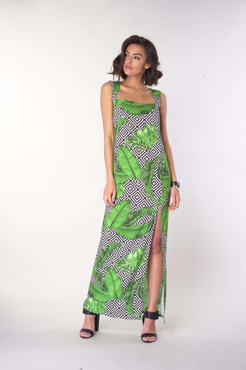 Maxi Summer Dress with a Rectangular Neckline - Leaves