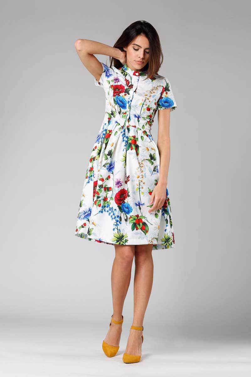 Colorful Flared short-sleeved Dress with Stand-up Collar