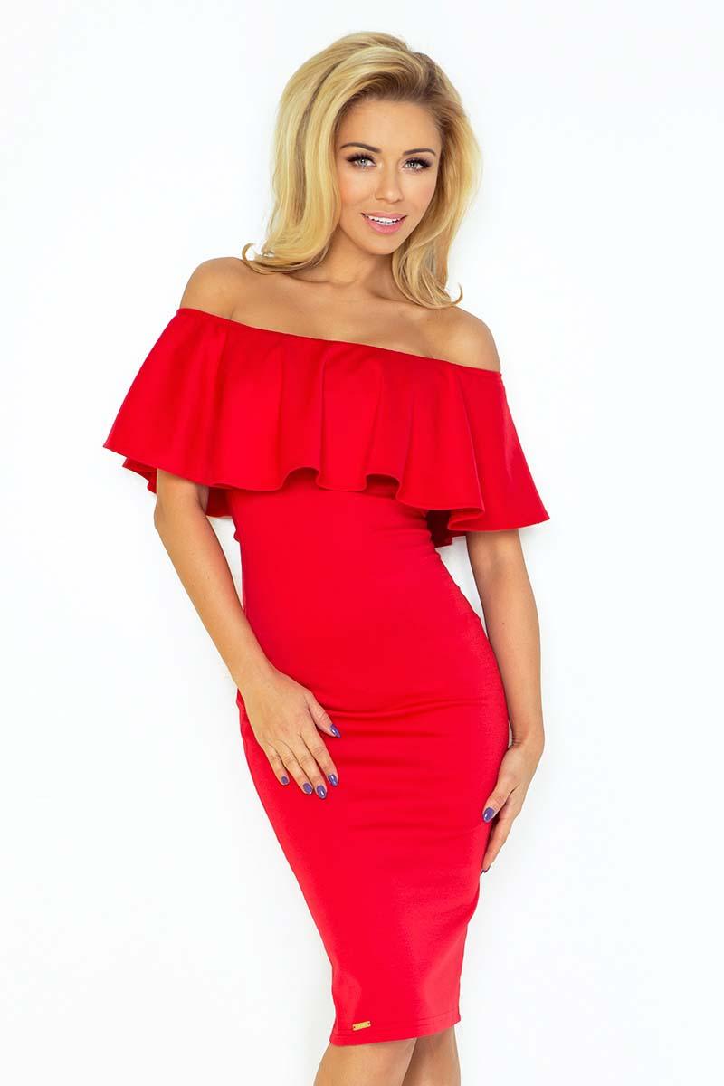 Red Bodycon Dress with Frilled Offshoulders Neckline
