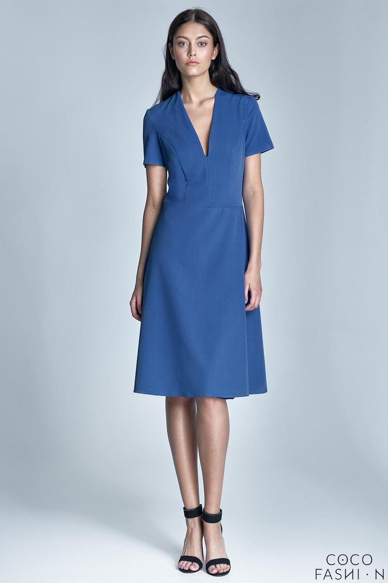 Blue V-Neckline Simple Midi Dress
