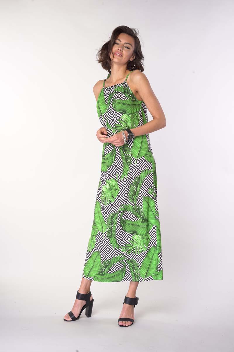 Long Summer Dress with Tied Straps - Leaves