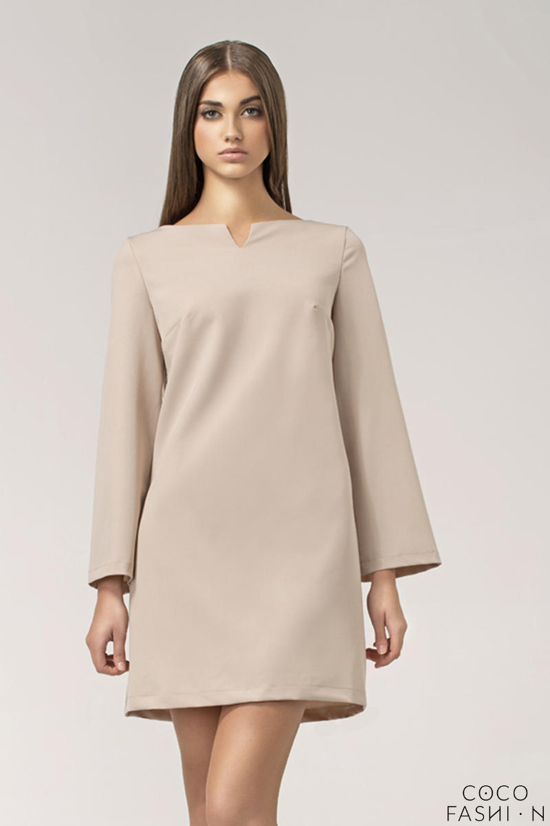 beige shift dress with sleeves