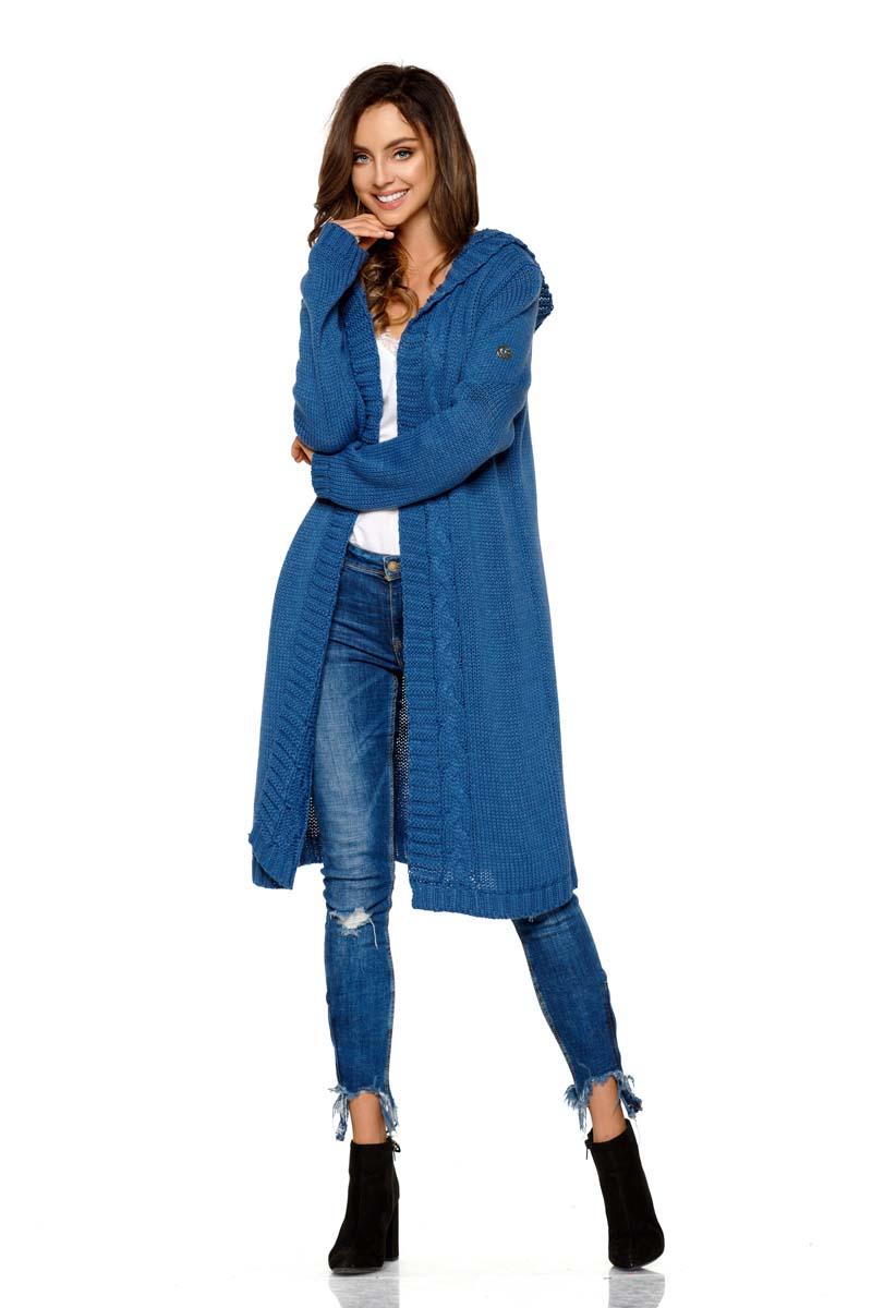 Blue Hooded Long Cardigan