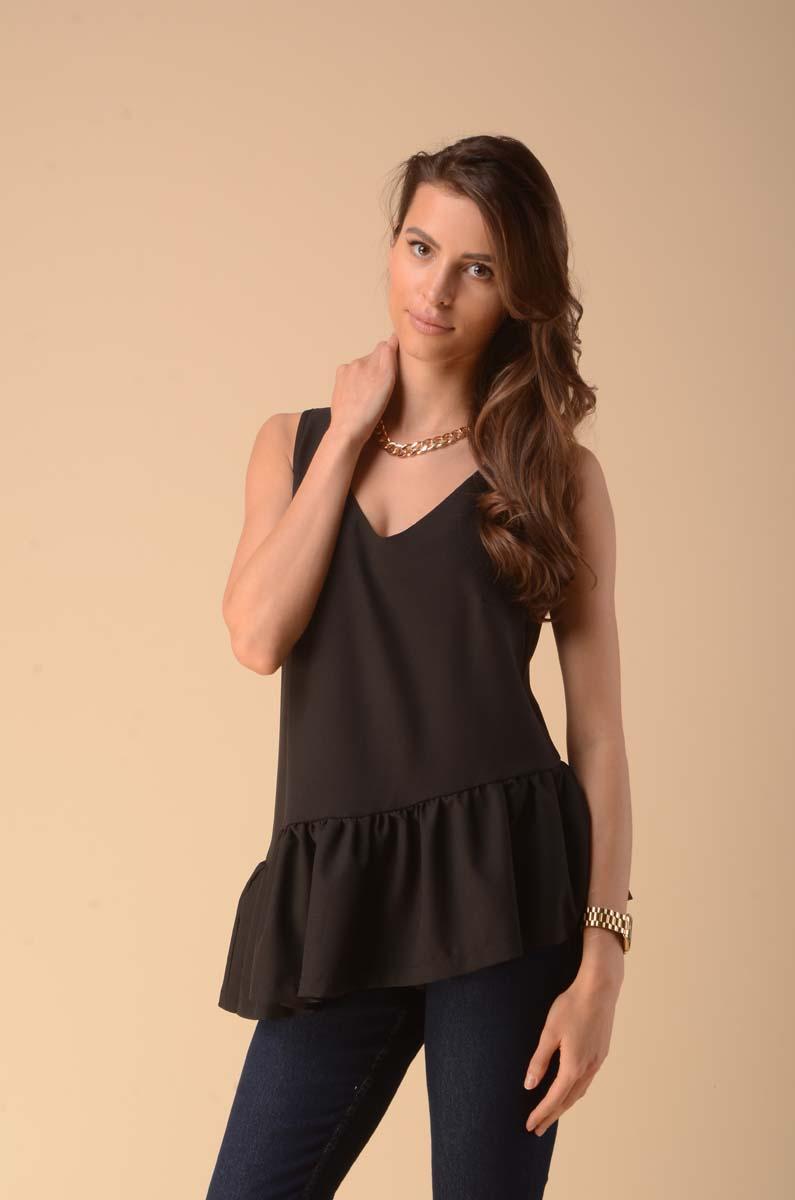 Asymmetric Top Blouse with Frill - Black